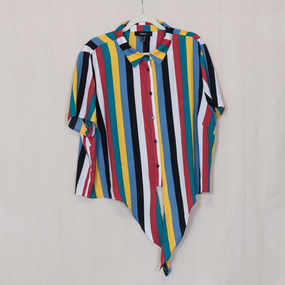 Multi color vertical striped button up tie front short sleeved shirt
